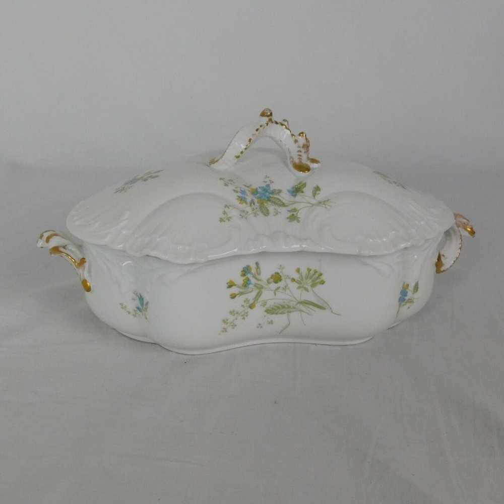M Redon Limoges 5069 Blue Yellow Flowers Covered Serving Bowl Handles Shell Vtg